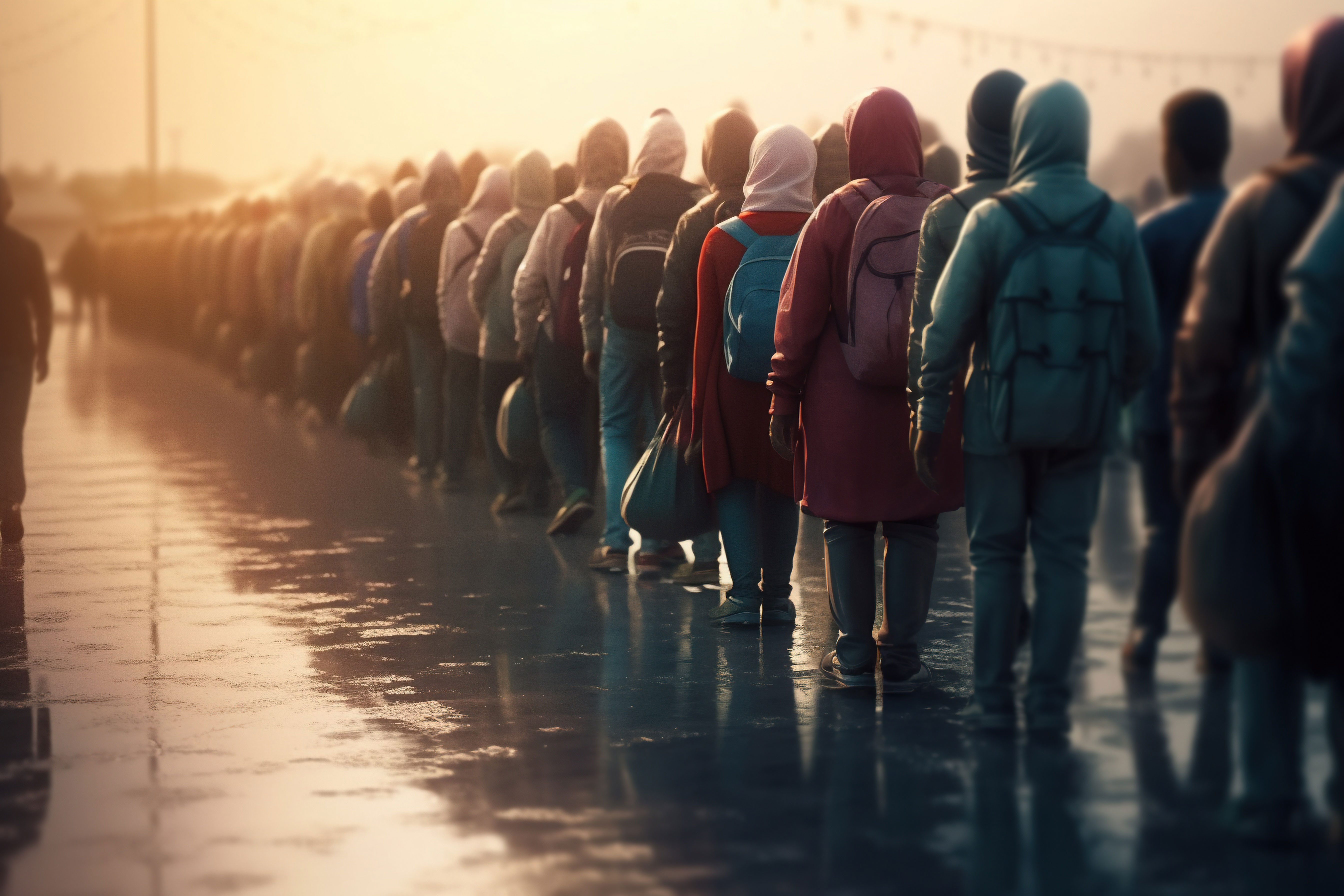Flüchtende Menschen stehen auf der nassen Straße hintereinander in einer langen Reihe. Sie sind nur von hinten zu sehen. Sie tragen Kapuzen und Rücksäcke. Einige halten Taschen in der Hand.
