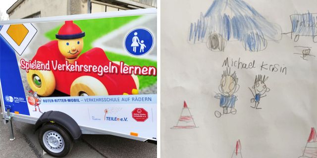 Bildercollage: Roter Ritter Mobil und Kinderzeichnung